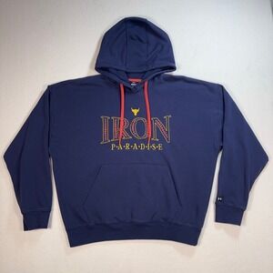 Under Armour Project Rock Hoodie Men's L Navy Iron Paradise Bull Logo Pocket